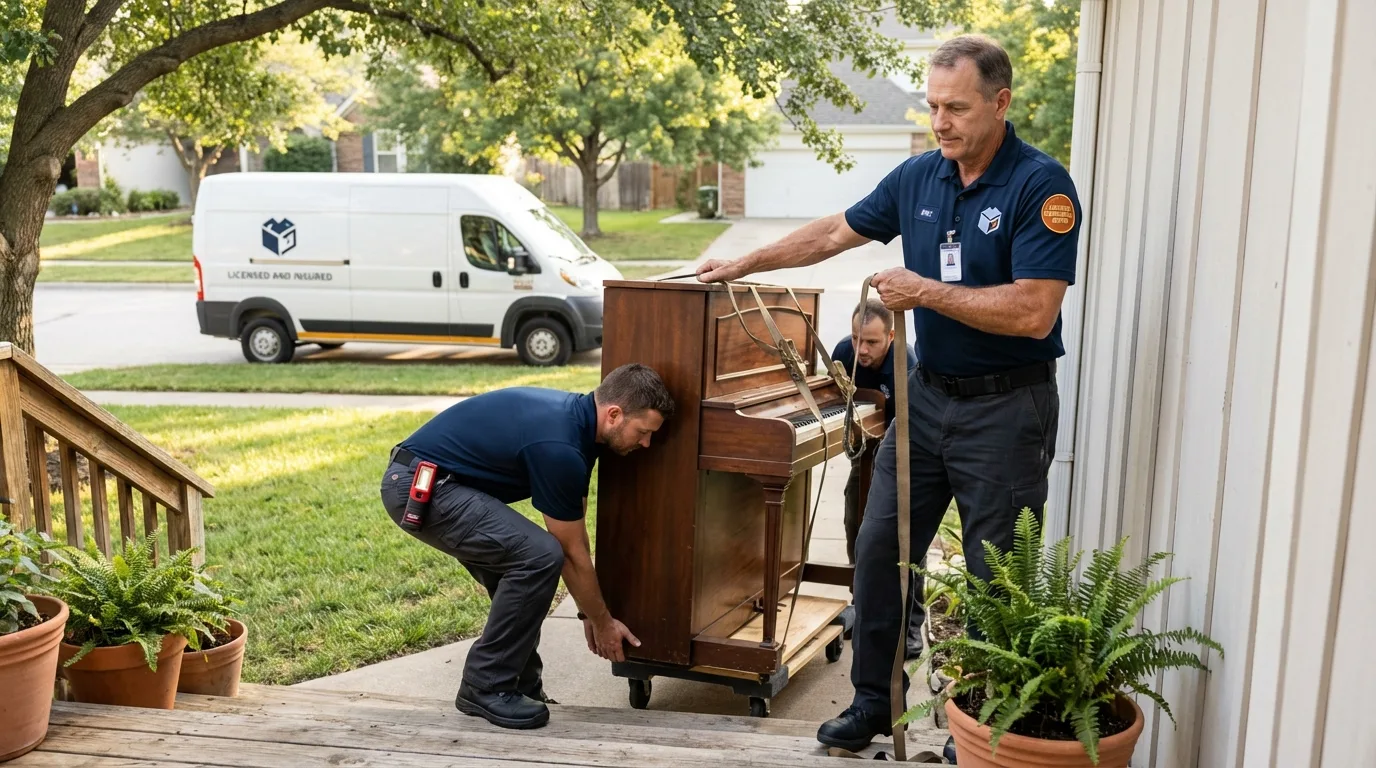 Licensed piano movers securing grand piano in Townsend, MT